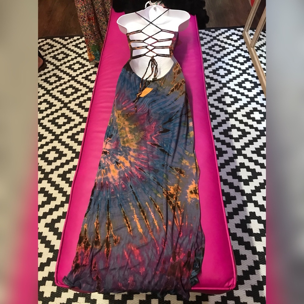 Gray Multi Tie Dye Lightweight Lace Up Adjustable Maxi Dress